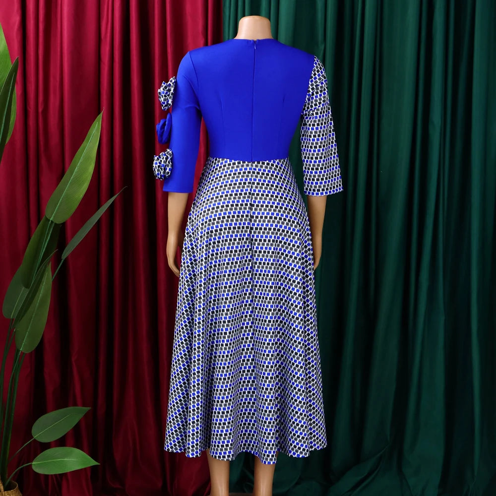 African 3/4 Sleeve Party Birthday New Robe Chic Flower Plaid Evening Dress