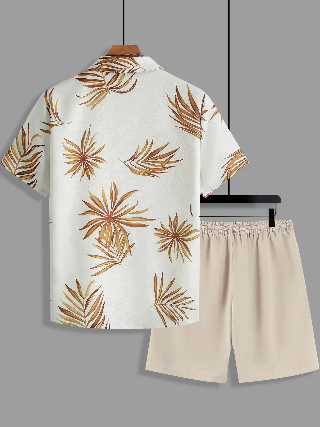 Men's Minimalist Vacation Set, Brown Palm Print Shirt & Drawstring Shorts for Casual Wear