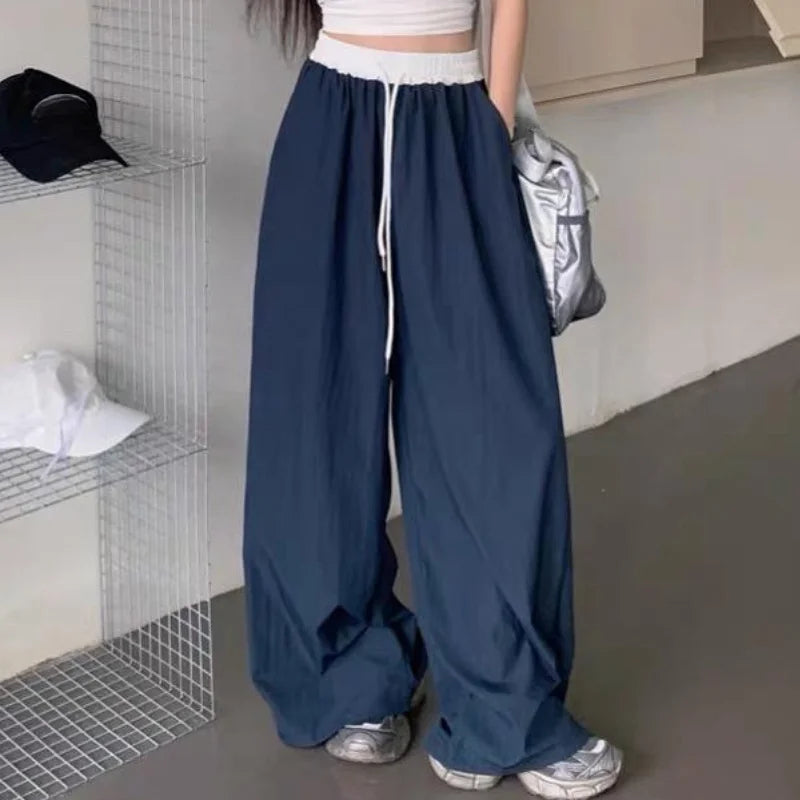 Chic Matching Loose Women's Wide Leg Pants Elastic Waist Drawstring