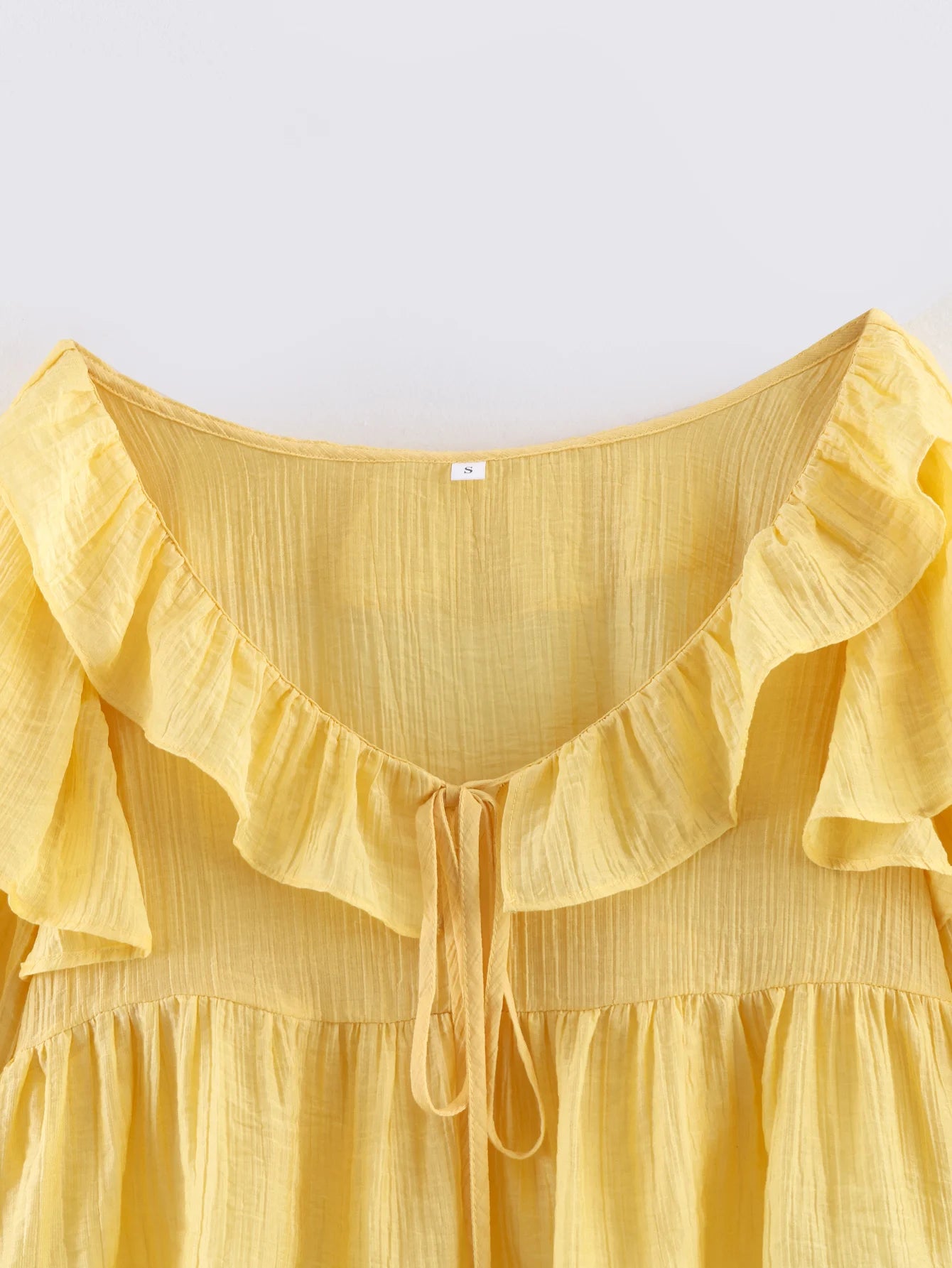 Women's Yellow Blouses Vintage Solid Cascading Ruffle Bow Lace-Up
