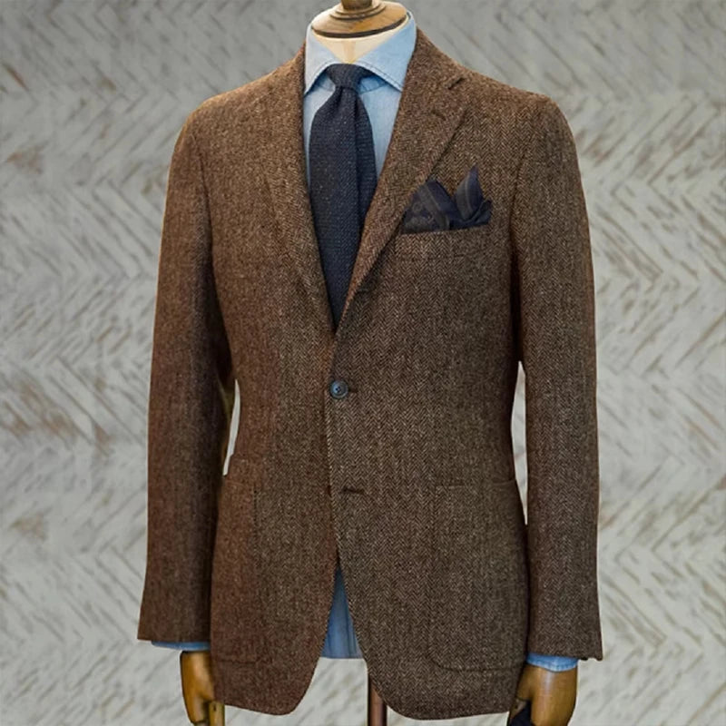 Men's Suit Herringbone Blazer Prom Tuxedos Wool Jacket （Only Coat）