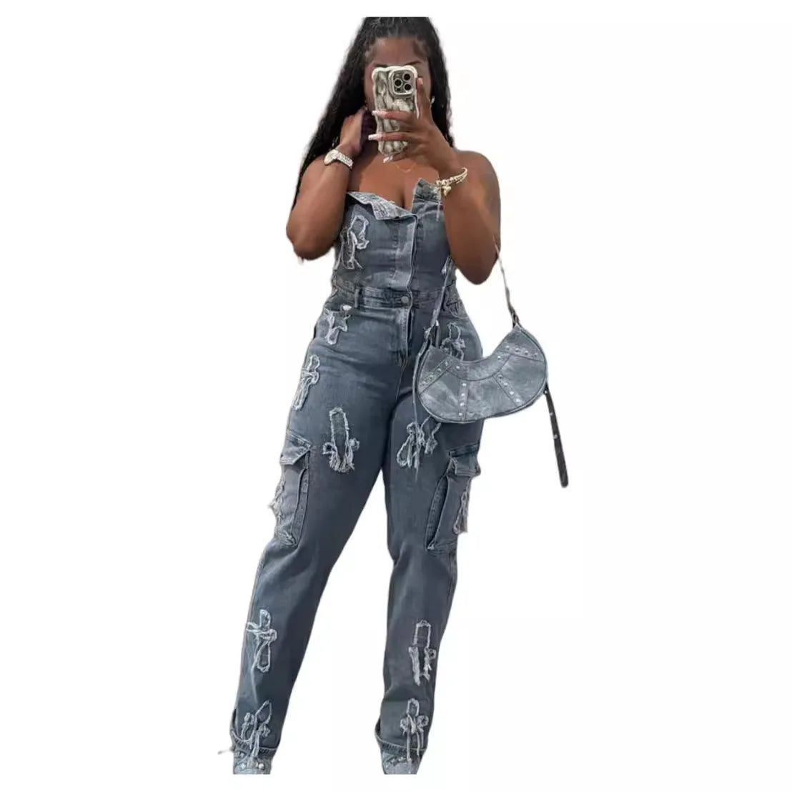 Women's Jumpsuit Tube Top Embroidered  Cross Tube Top Stretch Pants