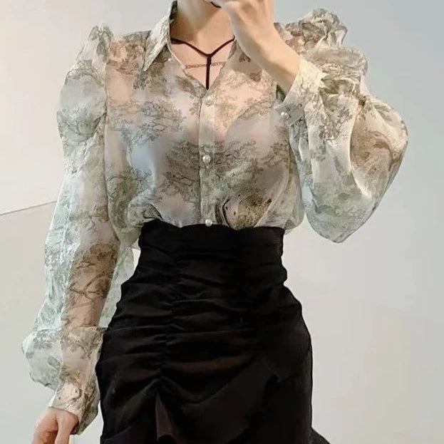 Floral Sweet Blouses for Women Loose Puff Sleeve Turn Down Collar Shirts