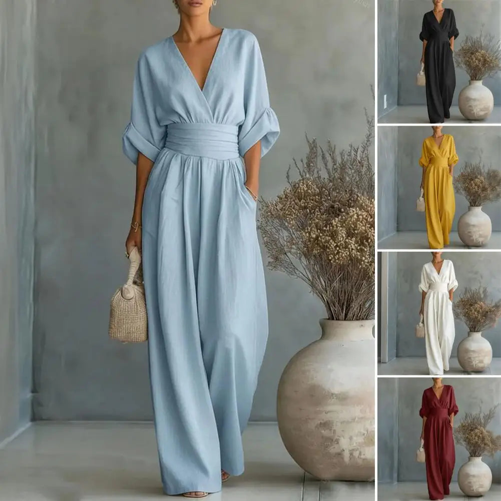 Women's Jumpsuit Fashion High Waist V-neck Casual  Wide Leg Trousers