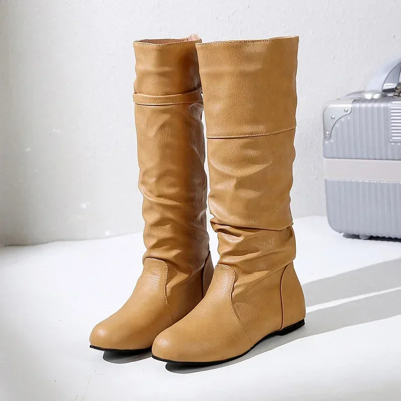 Women Leather Boots Fashion Pleated Wedge Long Boots Round Toe
