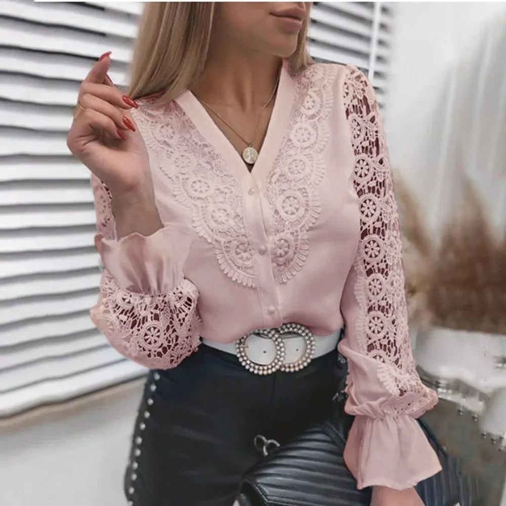 Women's Blouses White Office Spring Casual Button V-neck Long Sleeve