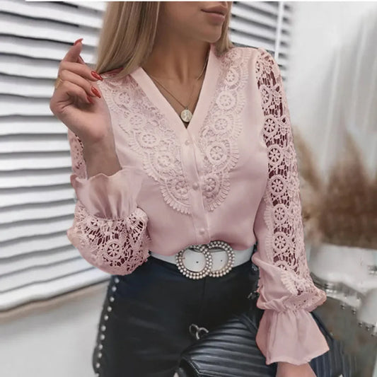 Women's Blouses White Office Spring Casual Button V-neck Long Sleeve