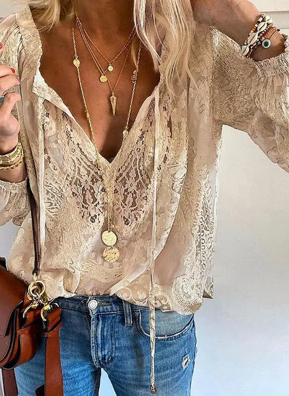 Women's Blouses Boho Lace Hollow Out Deep V Neck Pullover Shirt