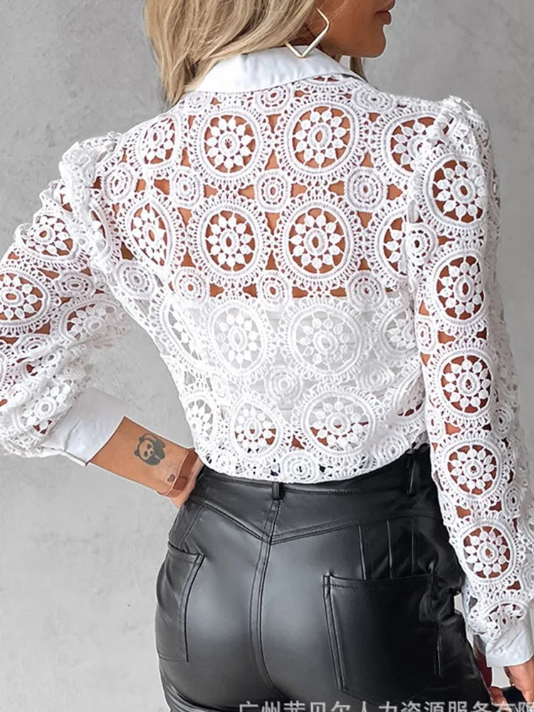 Lace Blouses For Women Elegant Office White Shirt Long Sleeve