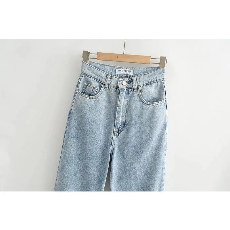 Women's High Waist Jeans Straight Leg Raw Hem Floor-Length Vintage