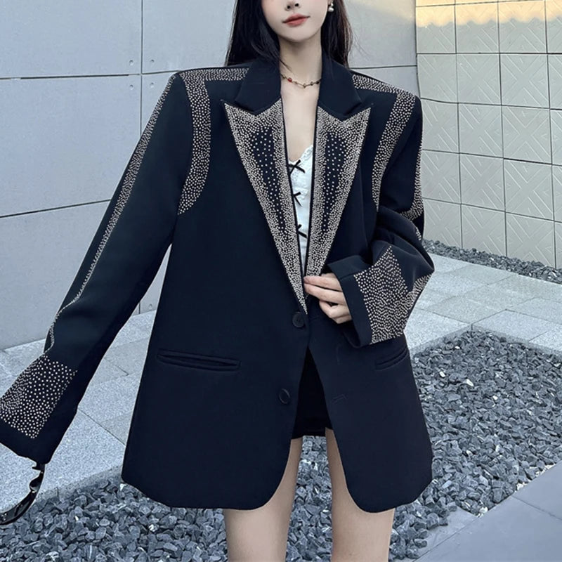 Women's BF Oversize Coats Loose Casual Single-Breasted Retro Beaded Jacket