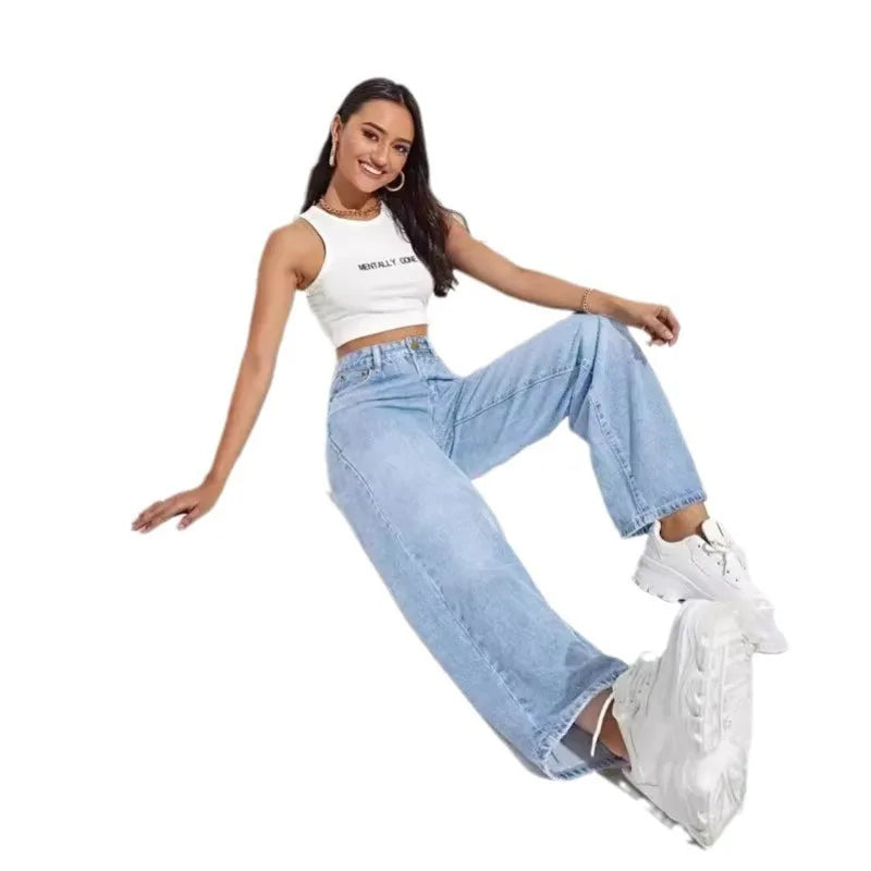 Women Ripped Boyfriends Jeans Distressed High Waist Baggy Denim Pants Wide Leg Straight Trousers