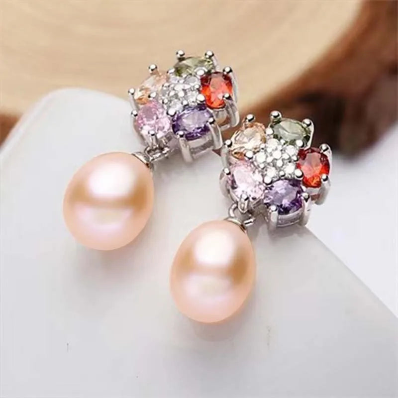 multicolour Zircon Sterling Silver Real Natural Pearl Earrings For Women's