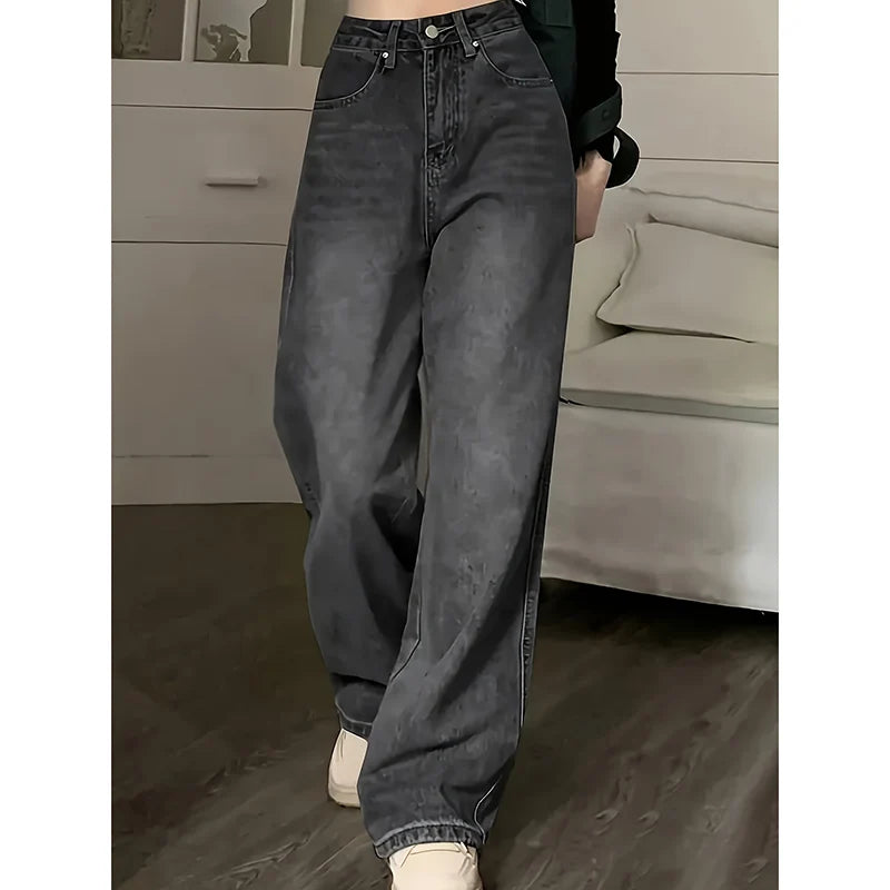Female High Waist Streetwear Designer Wide Leg  Classic Gray Goth Straight Leg Pants