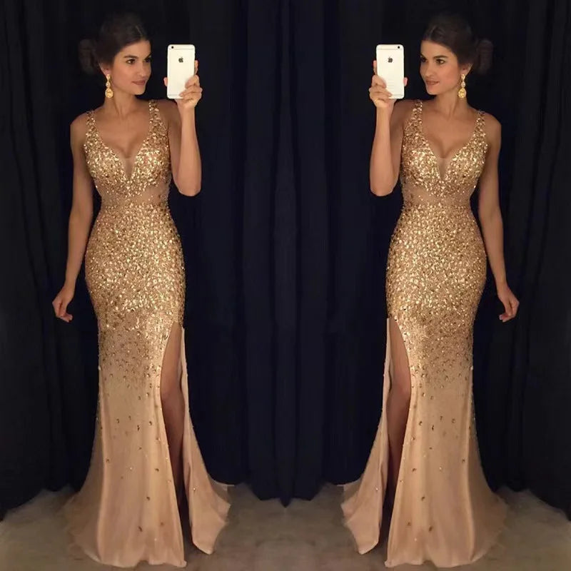 New Style New Slit Bronzing Dress Long Skirt Sexy Outfits Women