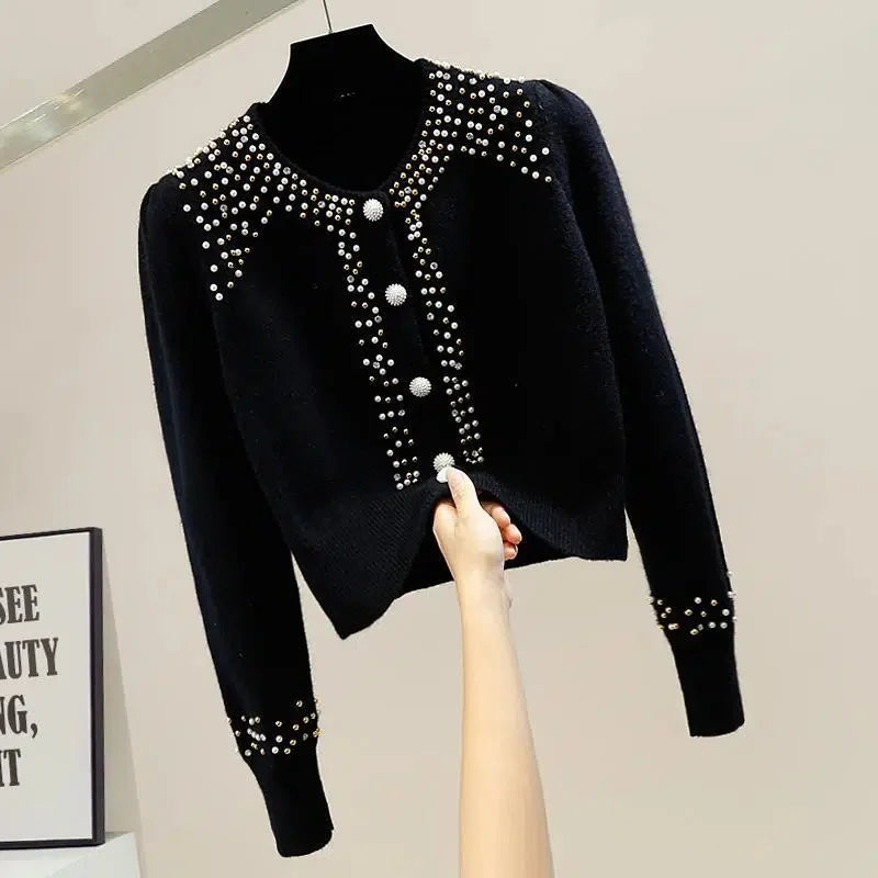 New O-Neck Knitted Sweater Close-Fitting Beading Pullover