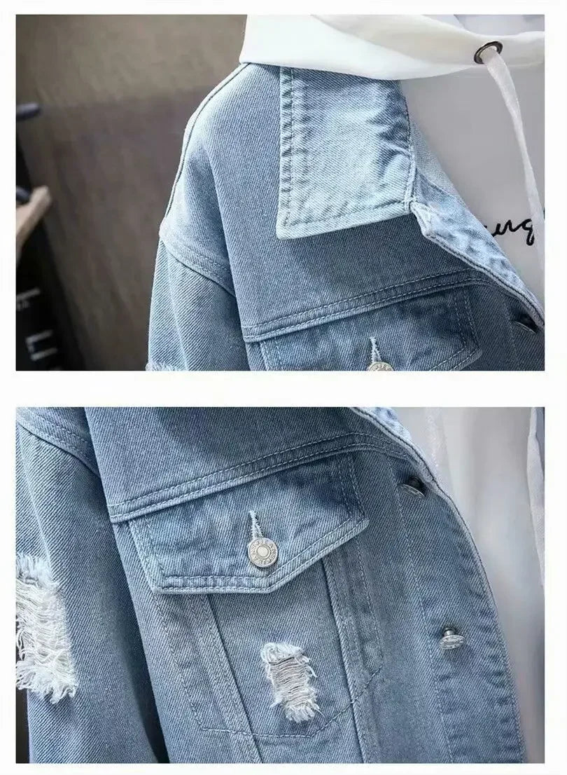 Men Denim Jacket  Ripped Hole Single Breasted Coats Spliced Outerwear