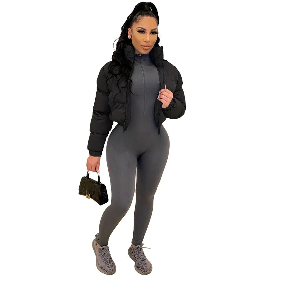 Long Sleeve Zipper Design Casual Plain O-Neck Daily Crop Puffer Jacket Coat