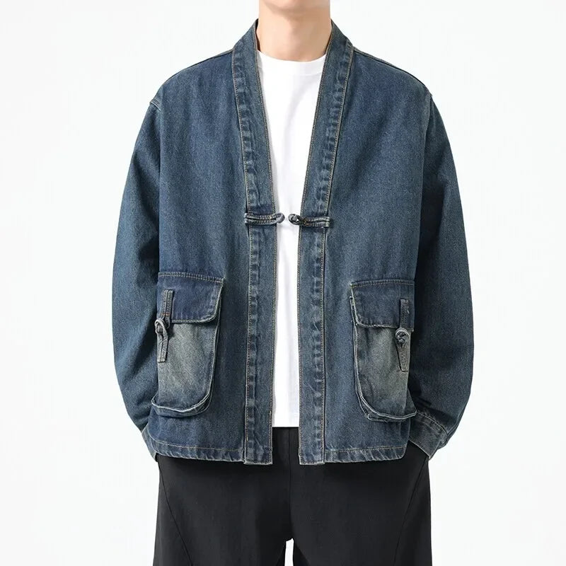 Fashion Men Denim Jacket Cotton Kimono Vintage Traditional Jackets
