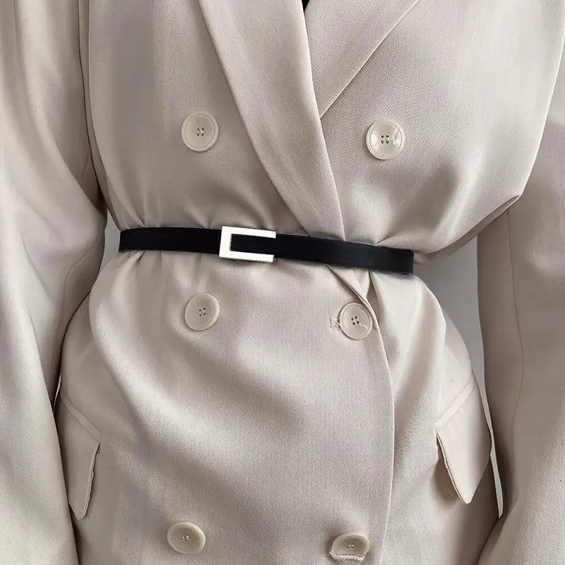 Women Thin Belt Black Gold Silver Metal Buckle Belt