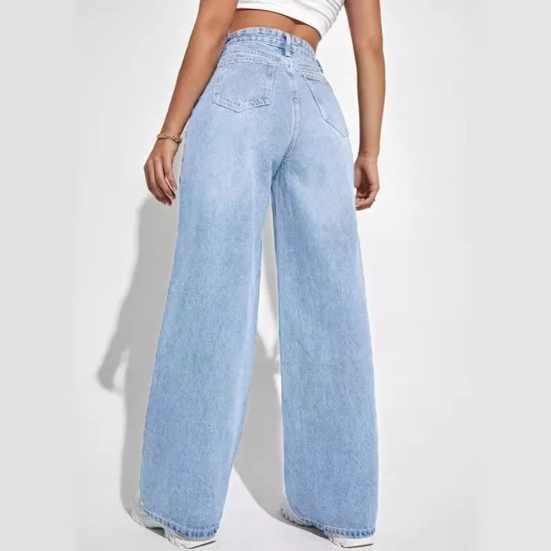 Women Ripped Boyfriends Jeans Distressed High Waist Baggy Denim Pants Wide Leg Straight Trousers