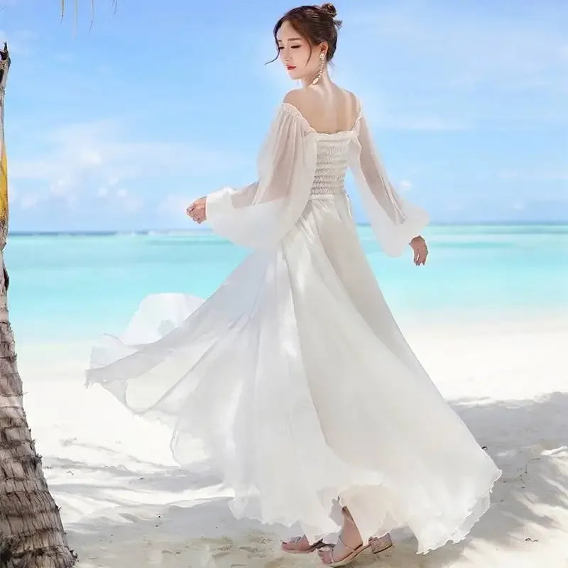 New Chiffon off-Shoulder Dress White Dress