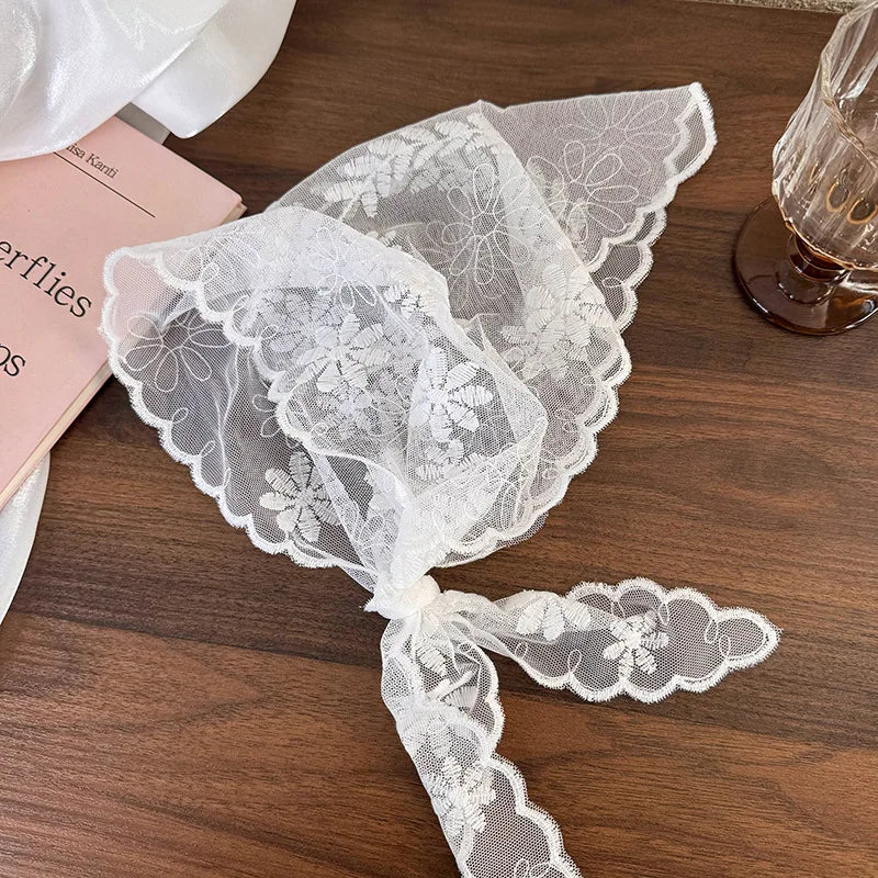 White Woven Floral Lace Hair Scarf Wraps