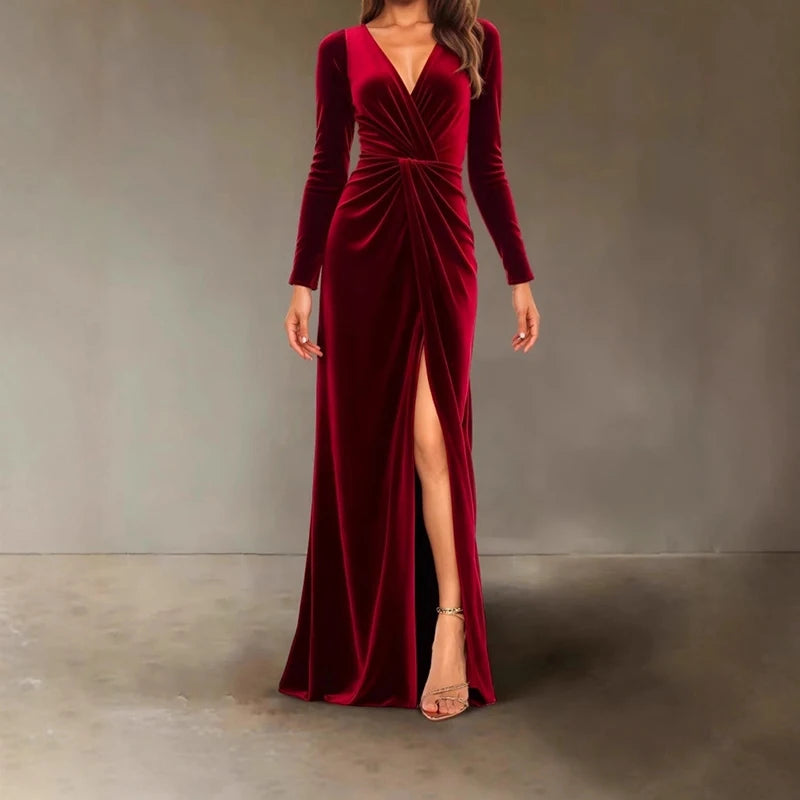 New V-neck Slim Twist High Waist Evening Dress