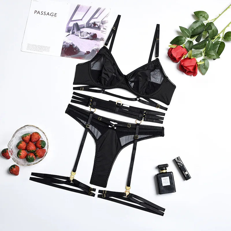 Women's Sexy Lingerie Set with Garter Belt Matching Bra and Panty