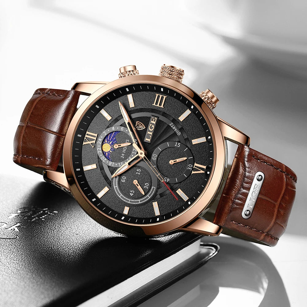 Men's Watches LIGE  WristWatch Leather Quartz Watch Sports Waterproof