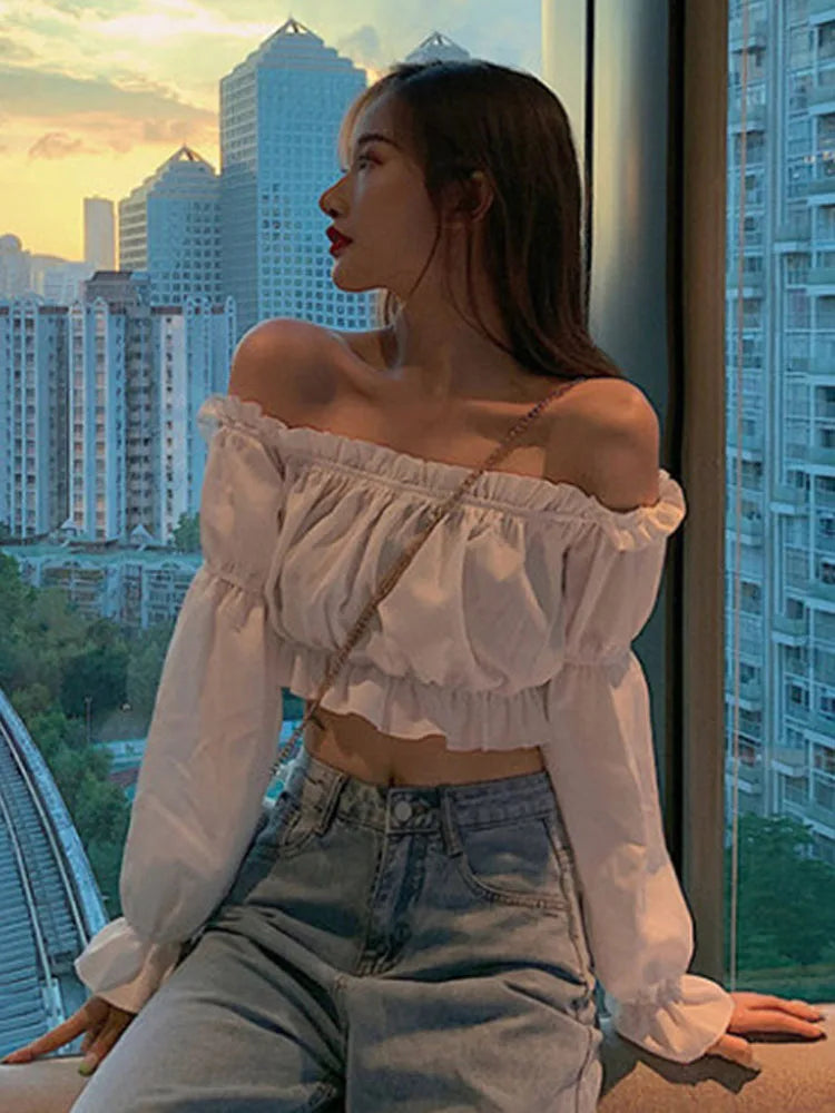 Women Top Sexy Blouse Off Shoulder Top  Puff Sleeve Ruffle Tunic Crop Top