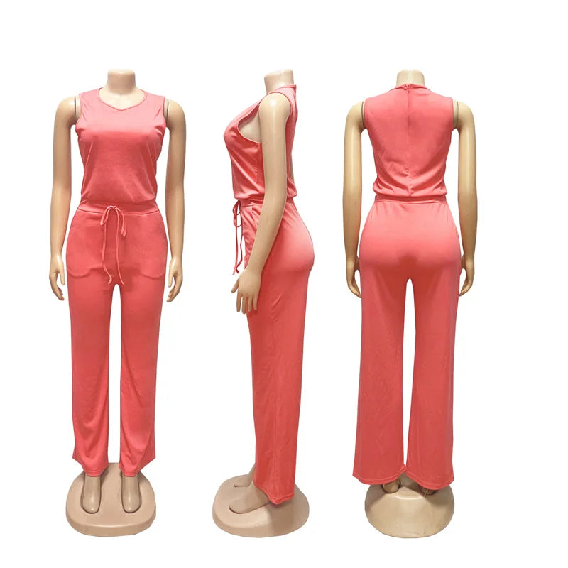 Solid Casual Jumpsuit Sleeveless Drawstring High Waist One Pieces Rompers