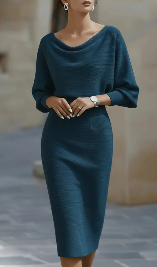 Batwing-sleeve Solid-colour Dress, Round-neck Slit-hem Fitted Midi Skirt