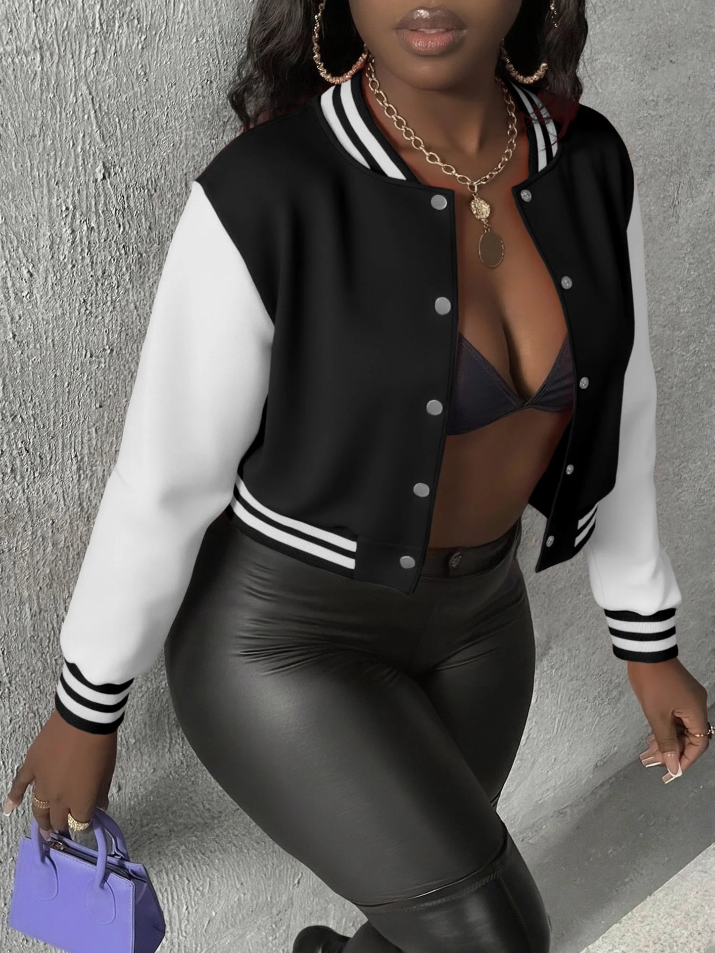 Versatile Cropped Varsity Jacket Women's Color Block Baseball Coat