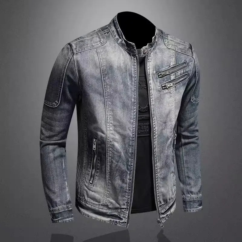 Denim Jackets Men Casual Stand Collar Moto Biker Outerwear
