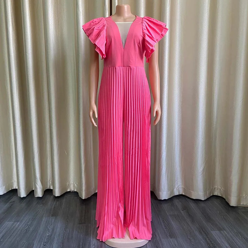 Pleated V neck Jumpsuit for ladies