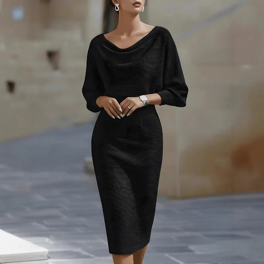 Batwing-sleeve Solid-colour Dress, Round-neck Slit-hem Fitted Midi Skirt