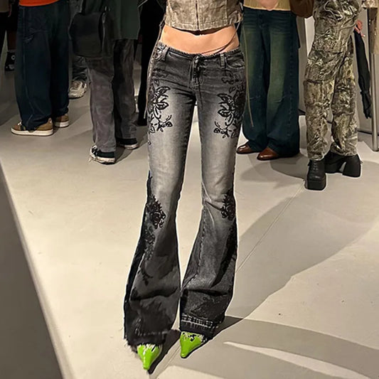 Women's Jeans  New American Retro Street Style Plant Print Washed Vintage Low-Rise Flare Pants
