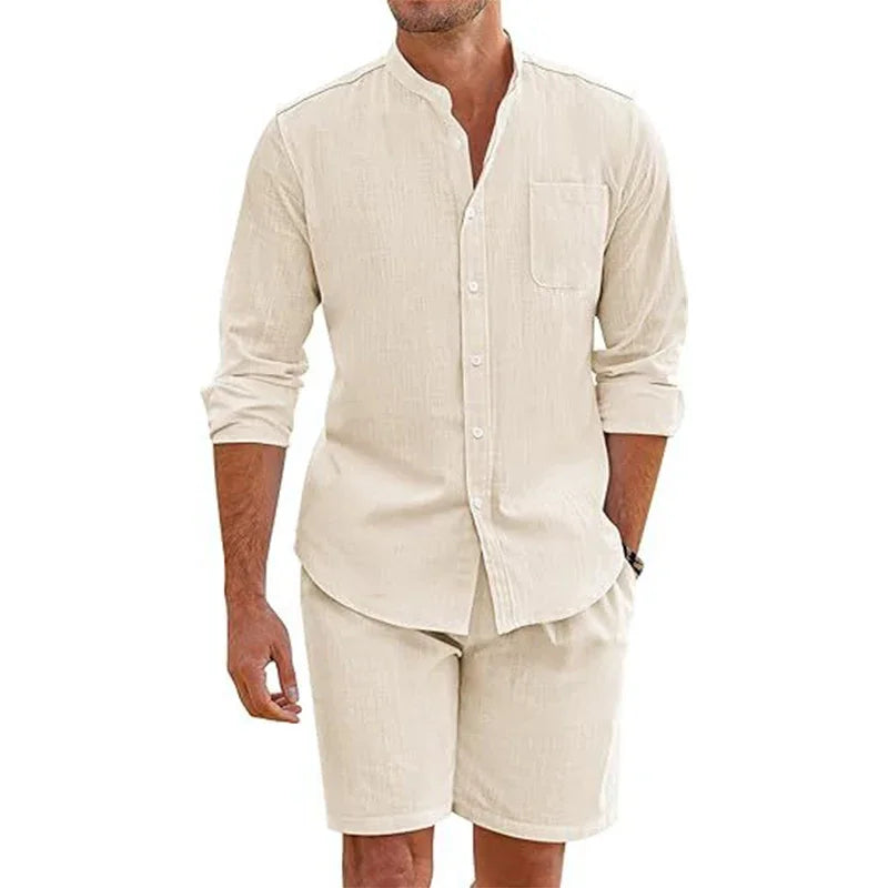 Summer Men's Casual Sets Breathable Cotton Linen Vintage Stand