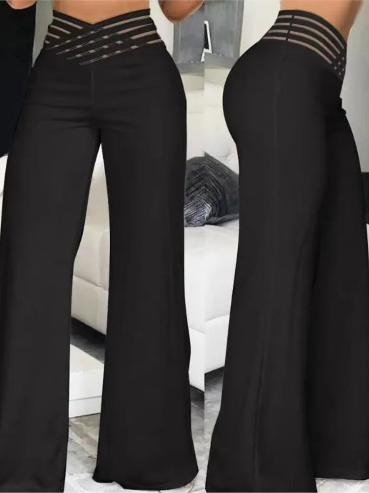 Wide Leg Flared Pants Crisscross Sheer Mesh Pants