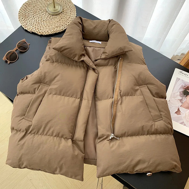 Stand Collar Elegant Down Coats Warm Outerwear Casual Belt Sleeveless Jackets