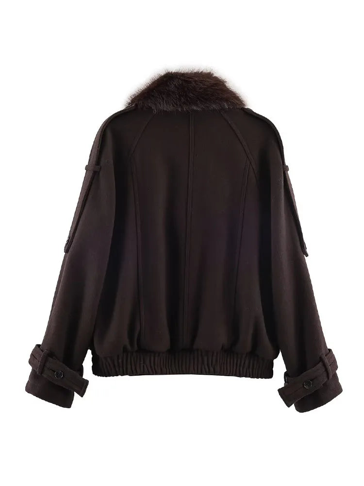 Fur Turn-Down Collar Coats Solid Long Sleeves Pocket Double Breasted Female Jackets