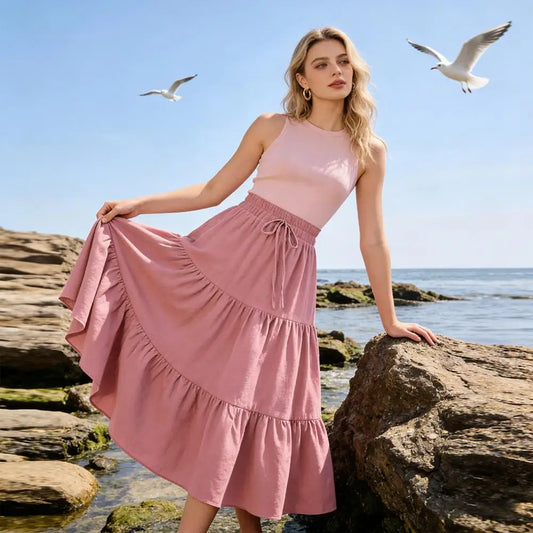 Women's Summer Tiered  A-Line Maxi Skirt High Waisted Pleated Swing Long Skirt