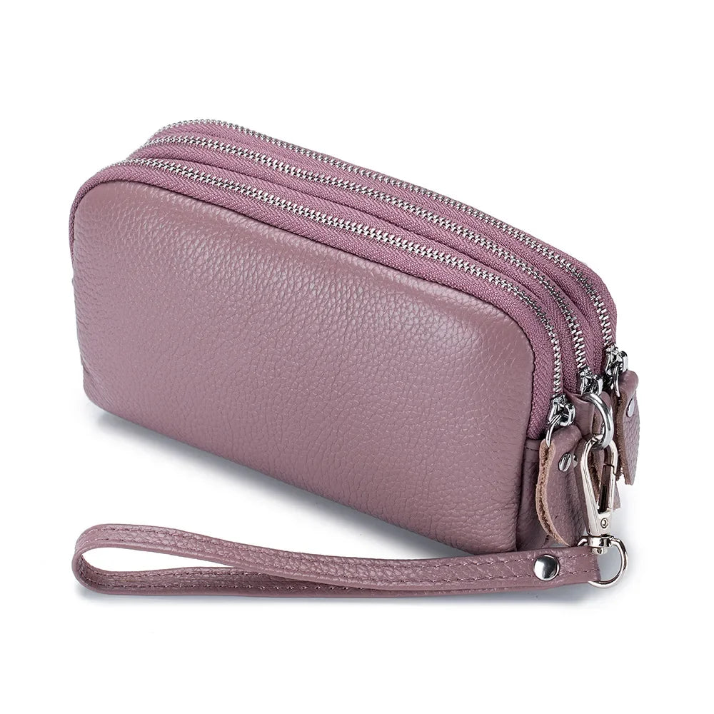 Women Long Wallet Genuine Leather 3-Layer Zipper Purse Bag
