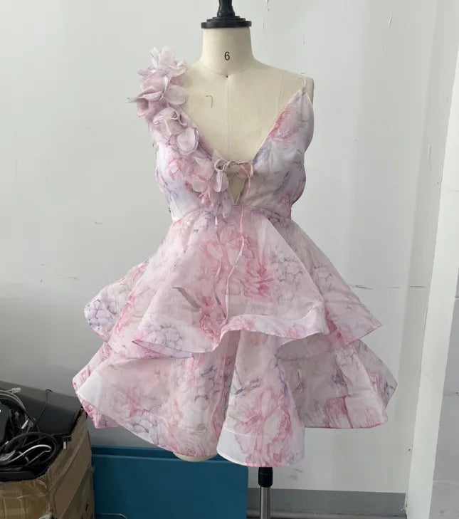 Elegant Printed Backless Strappy Short Skirt Women's Dress
