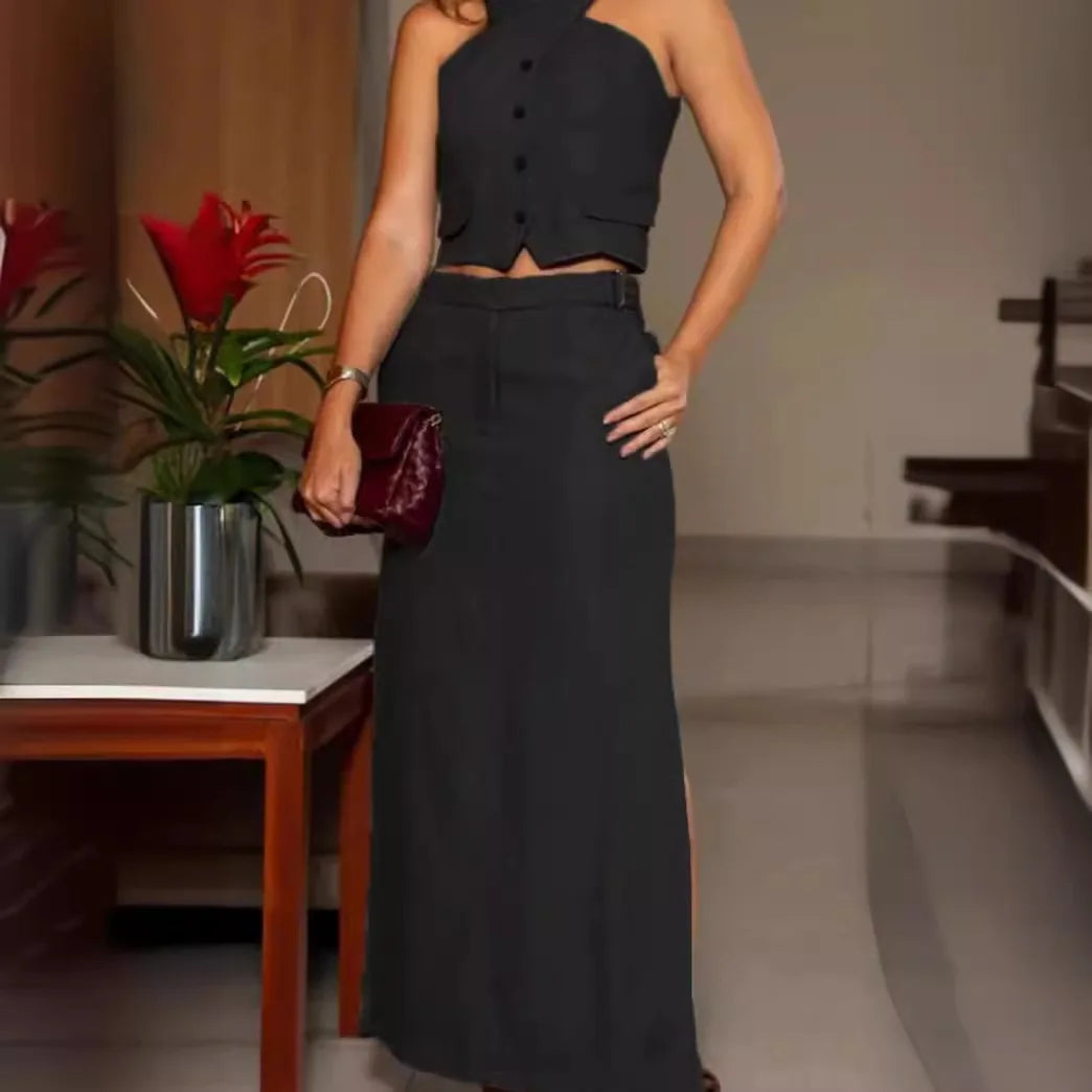 Sleevelees Crop Vest and High Waist Maxi Skirts Two Pieces