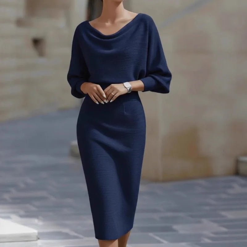 Batwing-sleeve Solid-colour Dress, Round-neck Slit-hem Fitted Midi Skirt