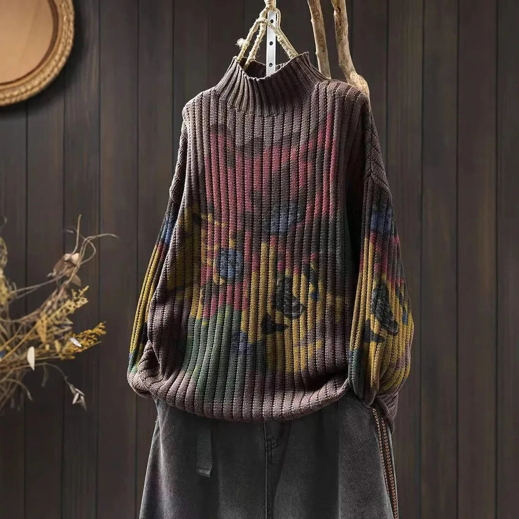 Chic Flower Printing Knitwear for Women Loose Casual Long Sleeve Half-turtleneck Knitwear