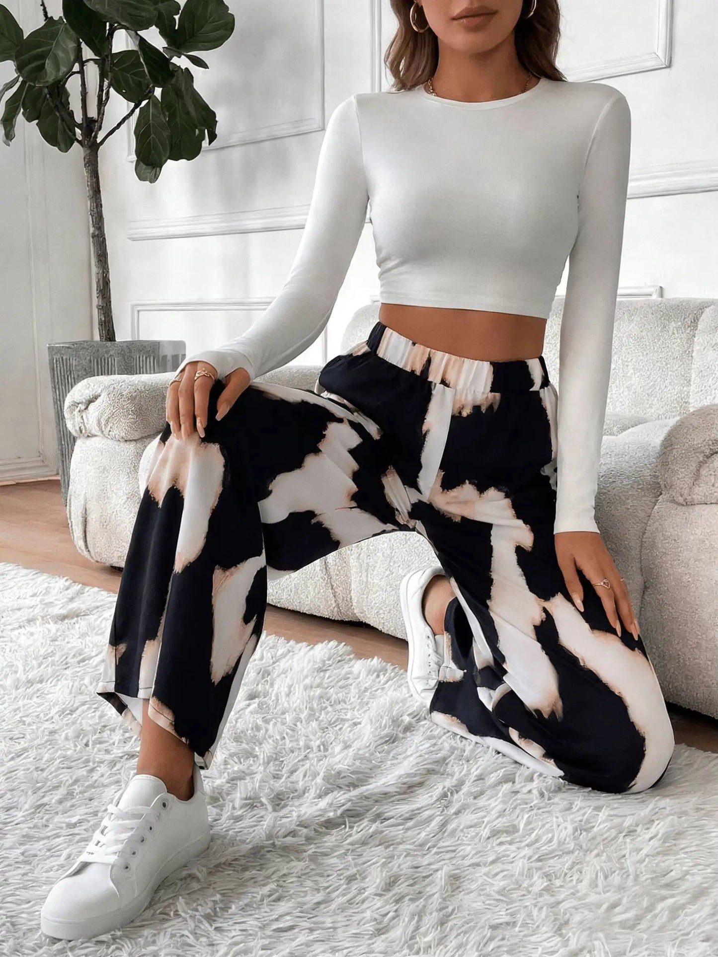 Wide Leg  Abstract Print Elastic High Waist Flowy Casual Pants