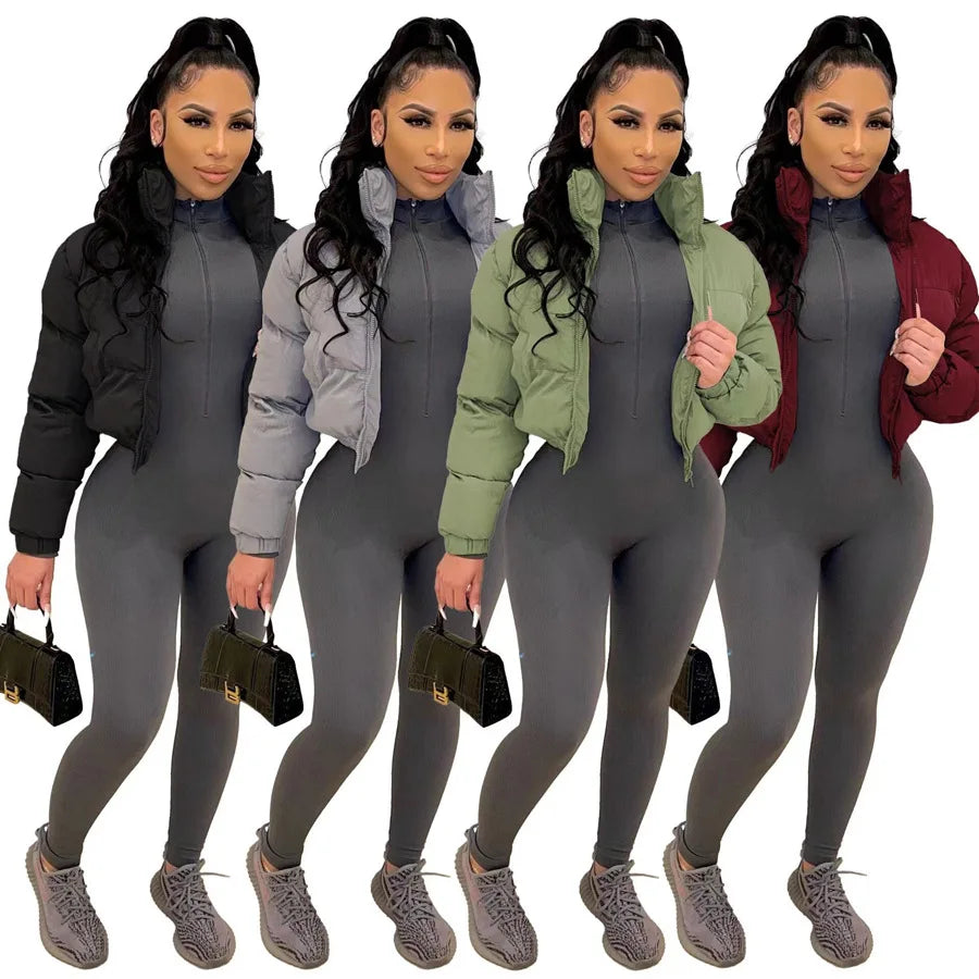 Long Sleeve Zipper Design Casual Plain O-Neck Daily Crop Puffer Jacket Coat